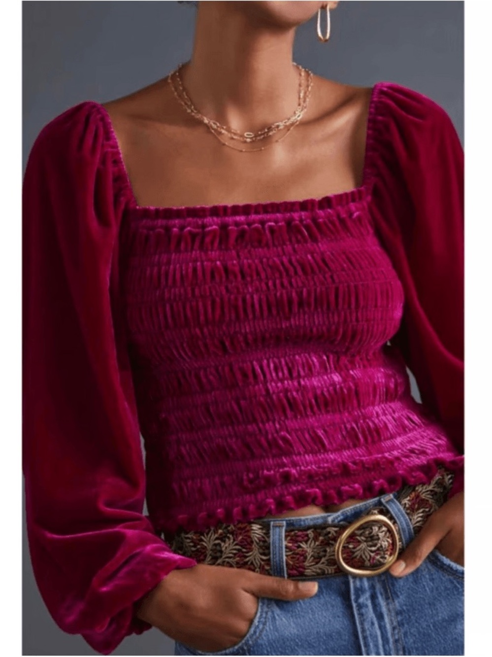 Anthropologie Smocked Velvet Square-Neck Crop Top in Magenta